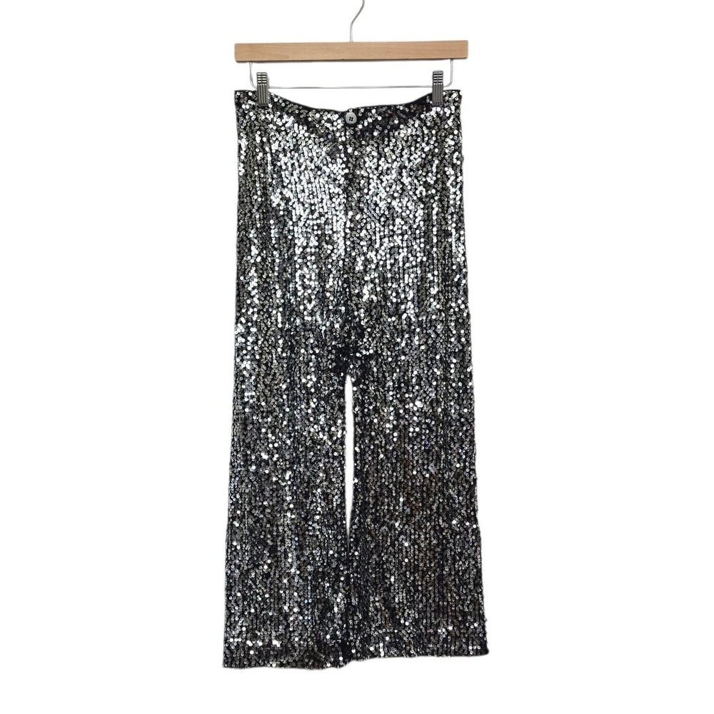 Maeve by Anthropologie The Colette Sequin Cropped‎ Wide Leg Pants Silver Size 26